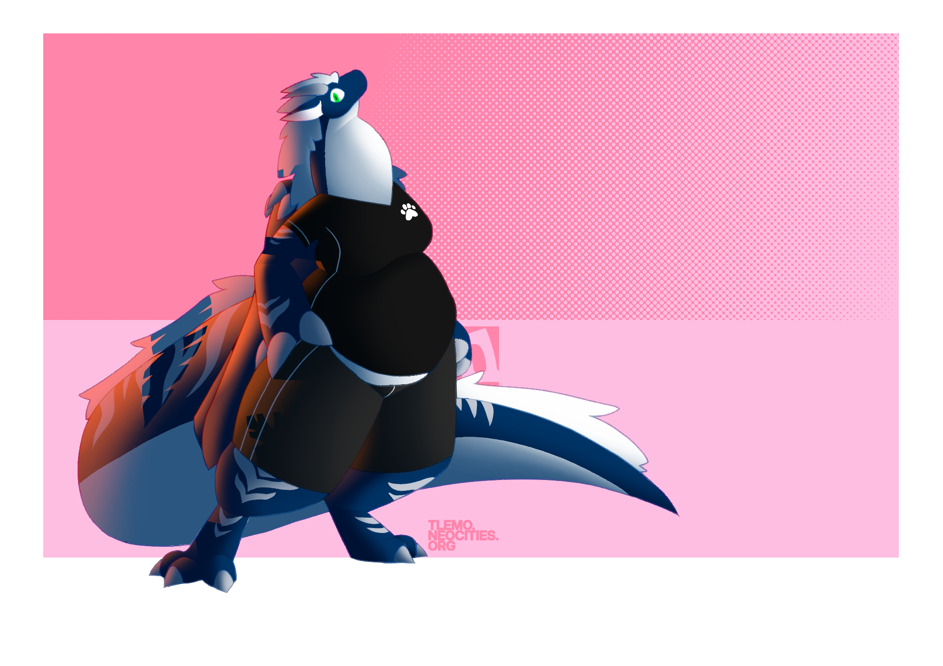 Drawing of Draggo (purple anthropomorphic draggon) in swimwear. The light of a sunset lands on his back. He looks at the viewer and gives a warm smile.